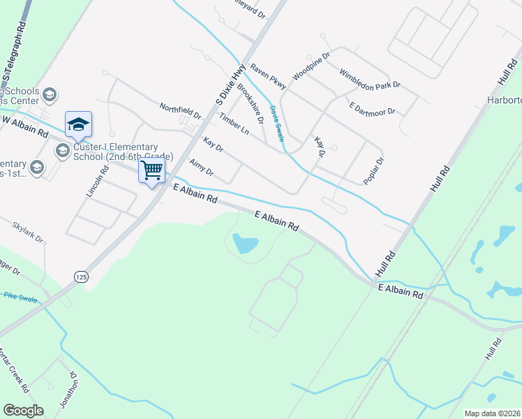 map of restaurants, bars, coffee shops, grocery stores, and more near 5386 East Albain Road in Monroe