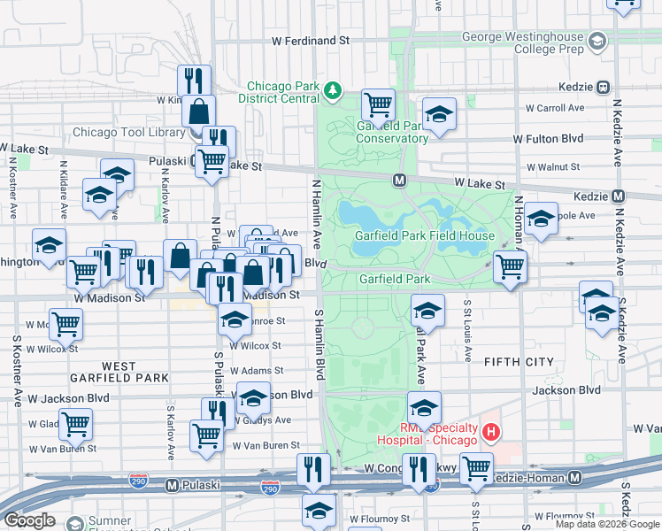 map of restaurants, bars, coffee shops, grocery stores, and more near 3701 West Washington Boulevard in Chicago