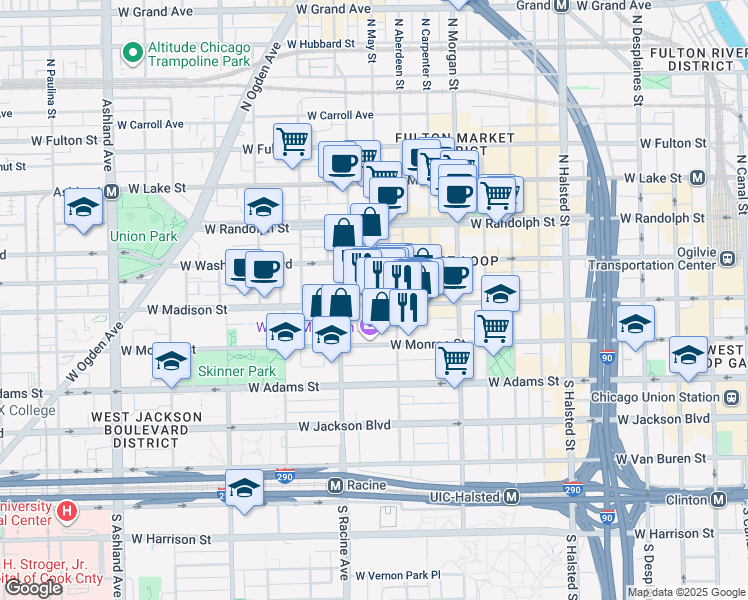 map of restaurants, bars, coffee shops, grocery stores, and more near 6 North May Street in Chicago