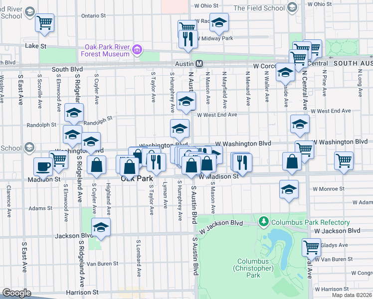 map of restaurants, bars, coffee shops, grocery stores, and more near 1 Washington Boulevard in Oak Park