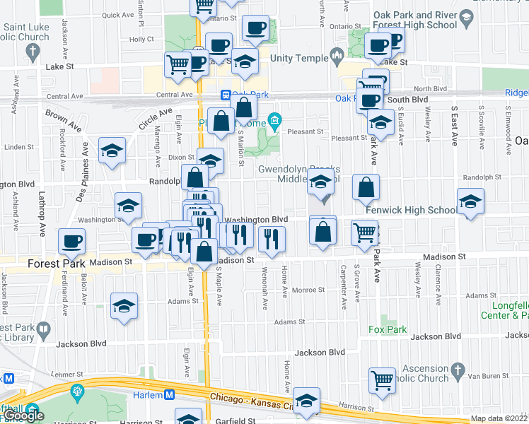 map of restaurants, bars, coffee shops, grocery stores, and more near 1024 Washington Boulevard in Oak Park