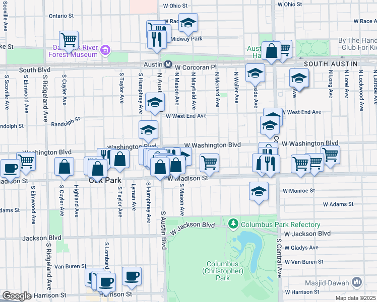 map of restaurants, bars, coffee shops, grocery stores, and more near 5905 West Washington Boulevard in Chicago