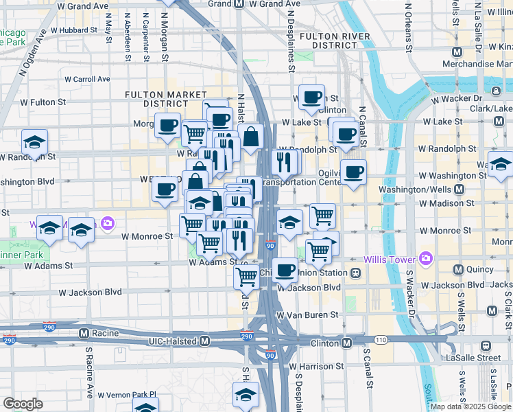 map of restaurants, bars, coffee shops, grocery stores, and more near 739 West Madison Street in Chicago