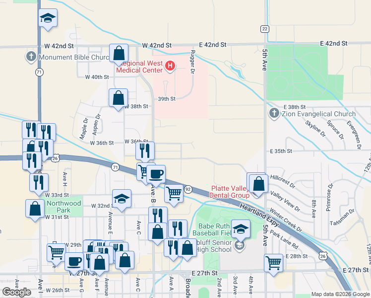 map of restaurants, bars, coffee shops, grocery stores, and more near 3517 Ross Avenue in Scottsbluff