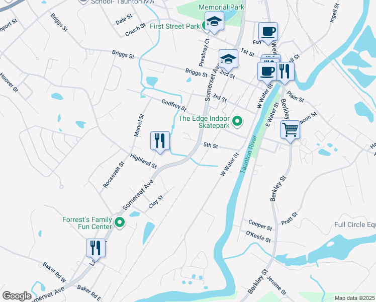 map of restaurants, bars, coffee shops, grocery stores, and more near 581 Somerset Avenue in Taunton