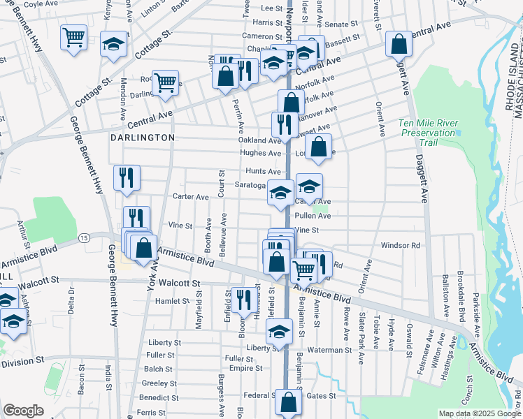 map of restaurants, bars, coffee shops, grocery stores, and more near 23 Pullen Avenue in Pawtucket
