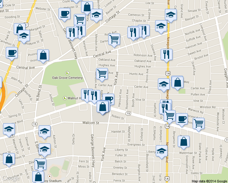 map of restaurants, bars, coffee shops, grocery stores, and more near 61 Nye Street in Pawtucket