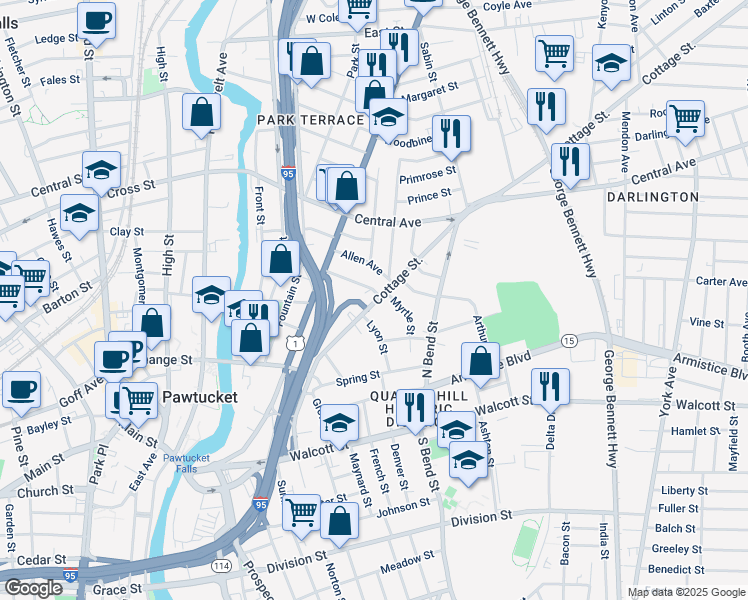 map of restaurants, bars, coffee shops, grocery stores, and more near 145 Cottage Street in Pawtucket