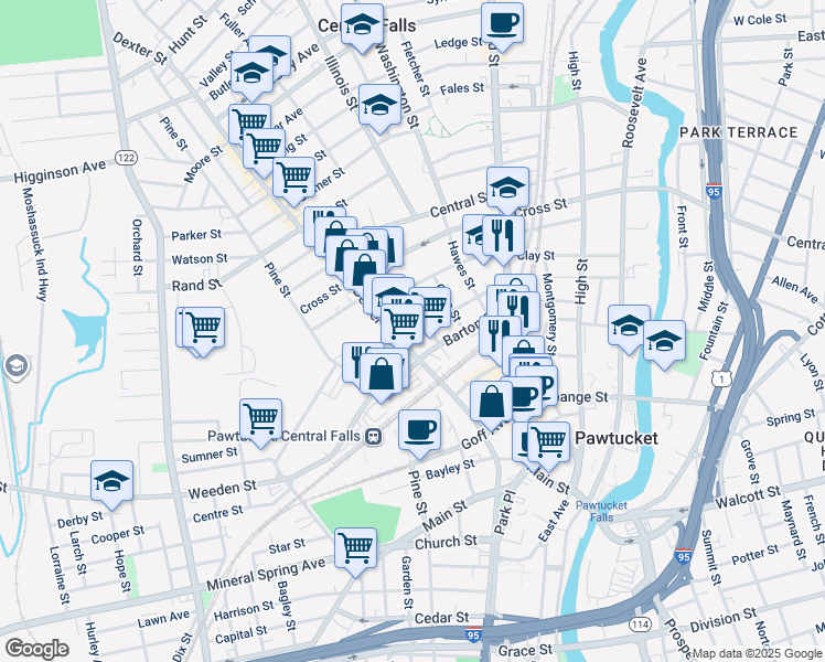 map of restaurants, bars, coffee shops, grocery stores, and more near 235 Dexter Street in Pawtucket