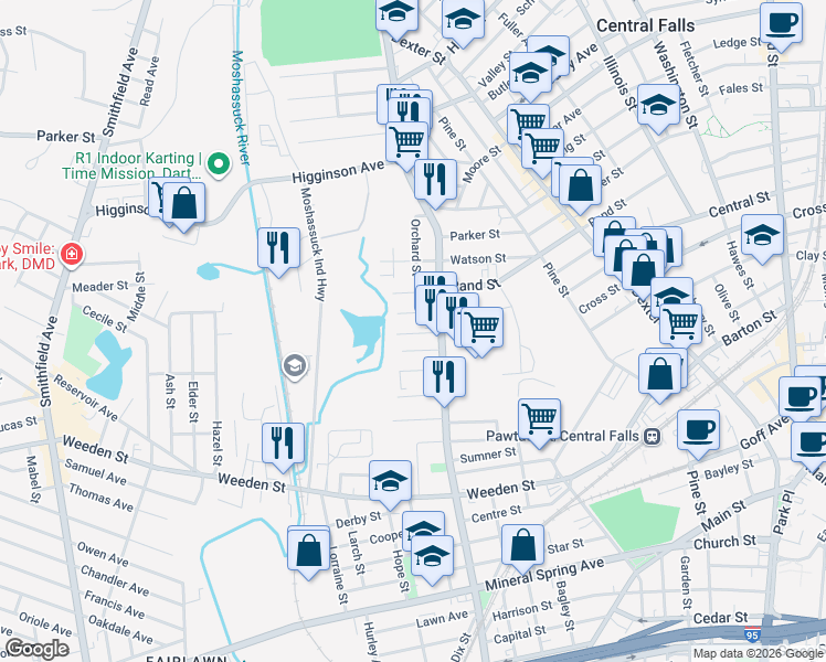 map of restaurants, bars, coffee shops, grocery stores, and more near 50 Ayr Street in Central Falls