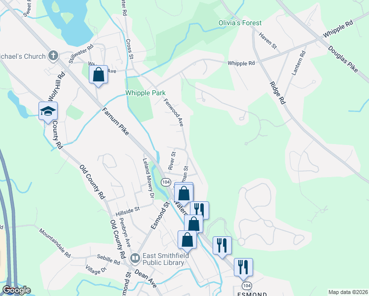 map of restaurants, bars, coffee shops, grocery stores, and more near 13 Lincoln Street in Smithfield