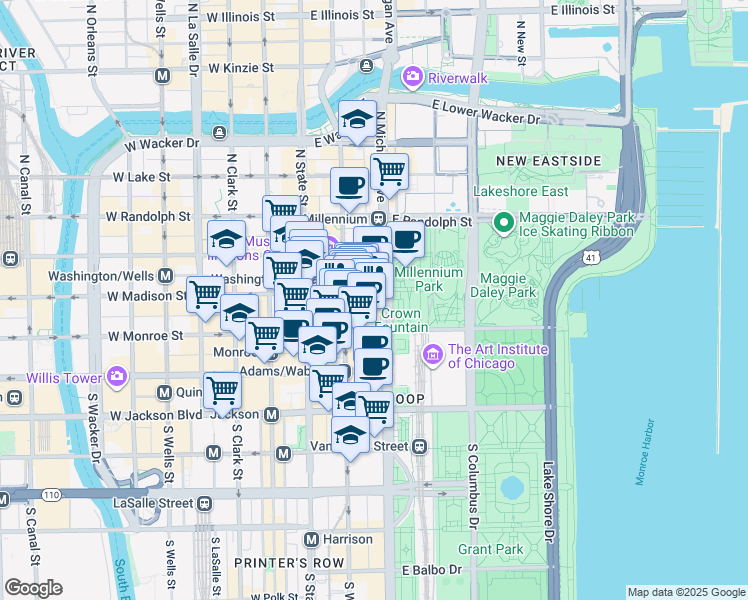 map of restaurants, bars, coffee shops, grocery stores, and more near 60 East Monroe Street in Chicago