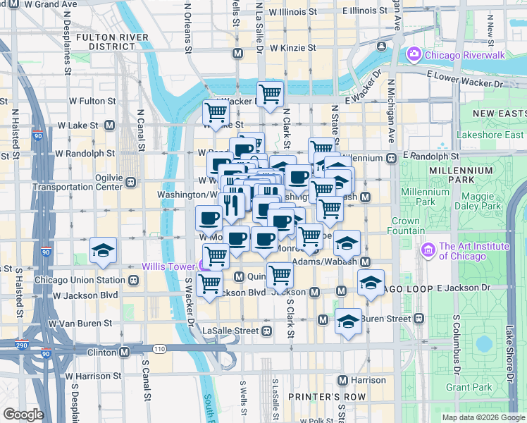 map of restaurants, bars, coffee shops, grocery stores, and more near 10 South LaSalle Street in Chicago