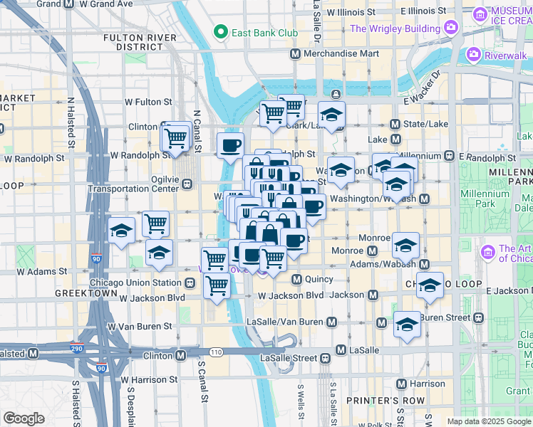 map of restaurants, bars, coffee shops, grocery stores, and more near 1 South Wacker Drive in Chicago