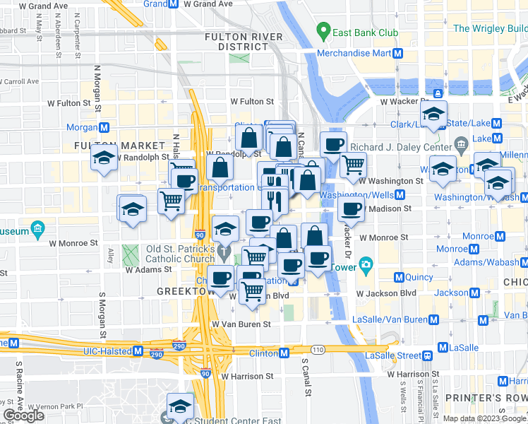 map of restaurants, bars, coffee shops, grocery stores, and more near 575 West Madison Street in Chicago