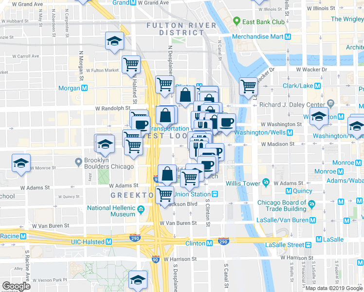 map of restaurants, bars, coffee shops, grocery stores, and more near 625 West Madison Street in Chicago