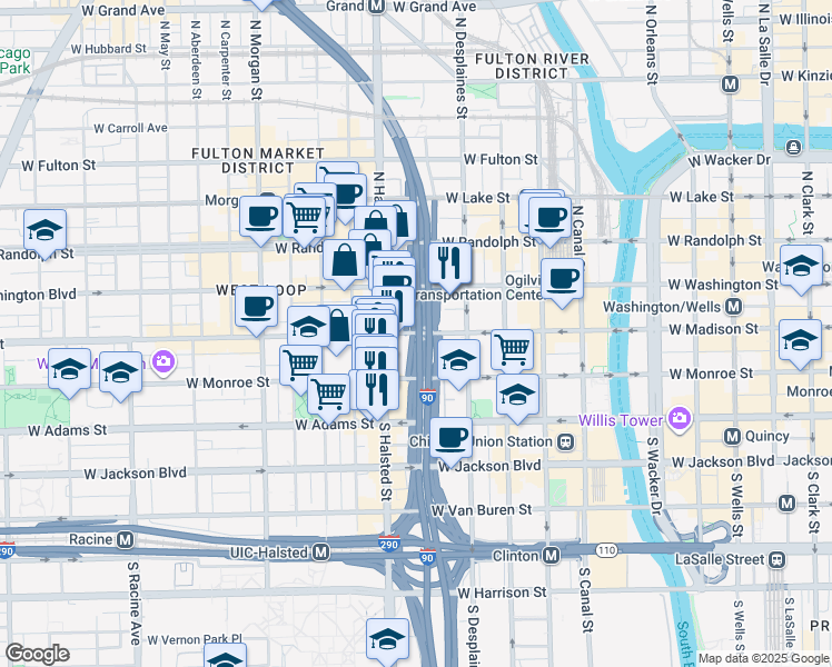 map of restaurants, bars, coffee shops, grocery stores, and more near 739 West Madison Street in Chicago
