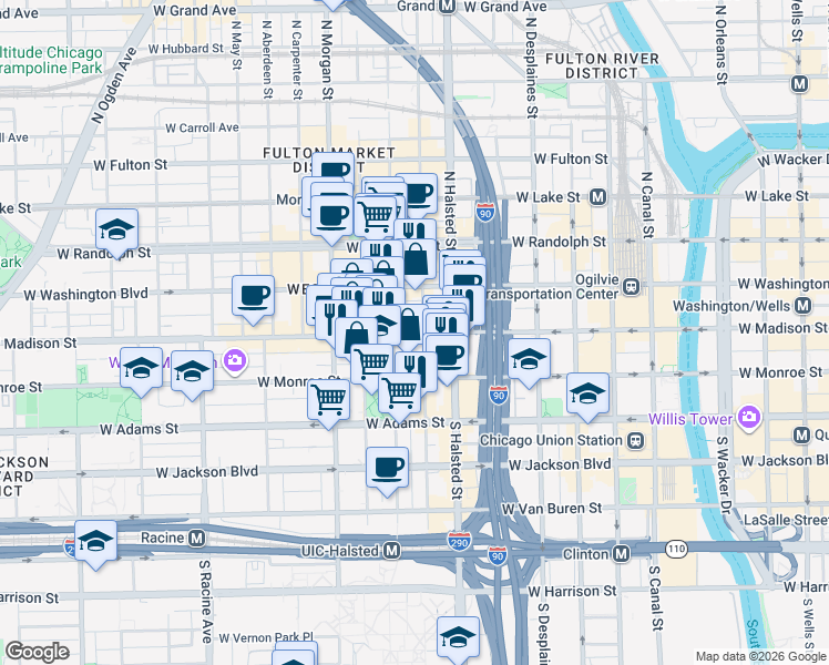 map of restaurants, bars, coffee shops, grocery stores, and more near 855 West Madison Street in Chicago