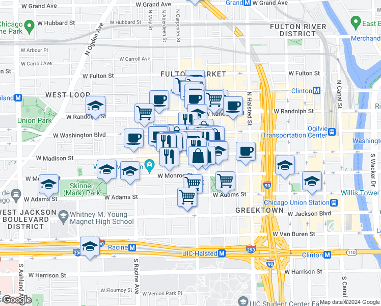 map of restaurants, bars, coffee shops, grocery stores, and more near 1015 West Madison Street in Chicago