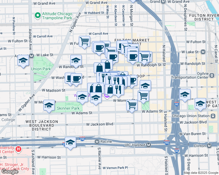 map of restaurants, bars, coffee shops, grocery stores, and more near 1131 West Madison Street in Chicago