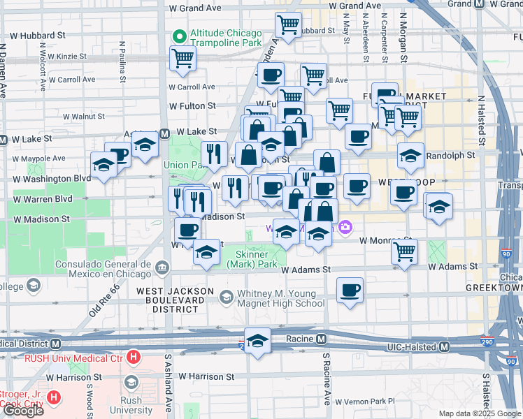 map of restaurants, bars, coffee shops, grocery stores, and more near 1342 West Madison Street in Chicago