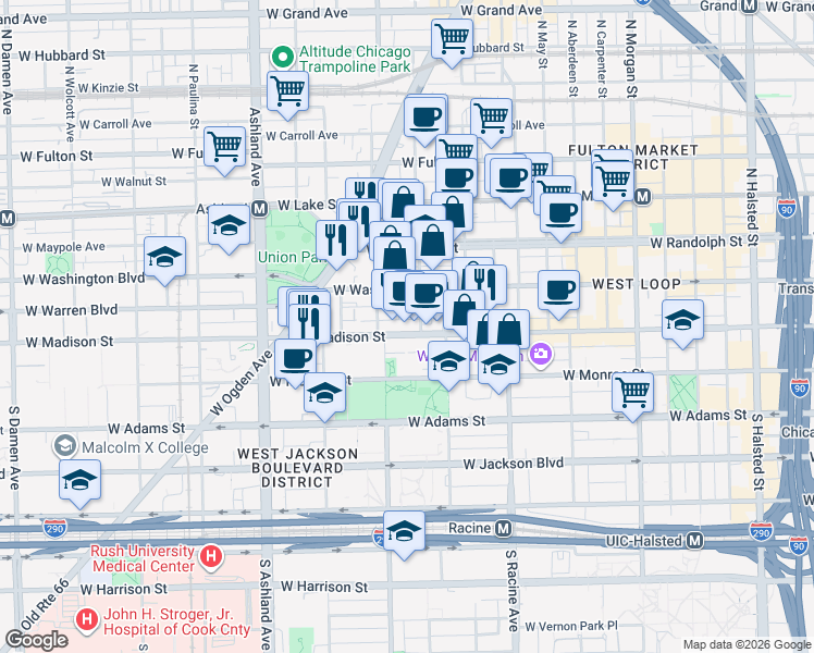 map of restaurants, bars, coffee shops, grocery stores, and more near 1342 West Madison Street in Chicago