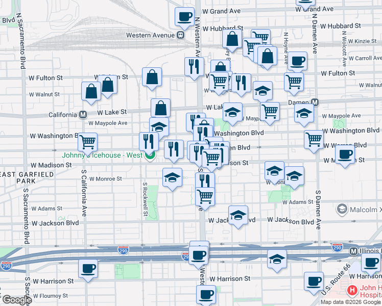 map of restaurants, bars, coffee shops, grocery stores, and more near in Chicago