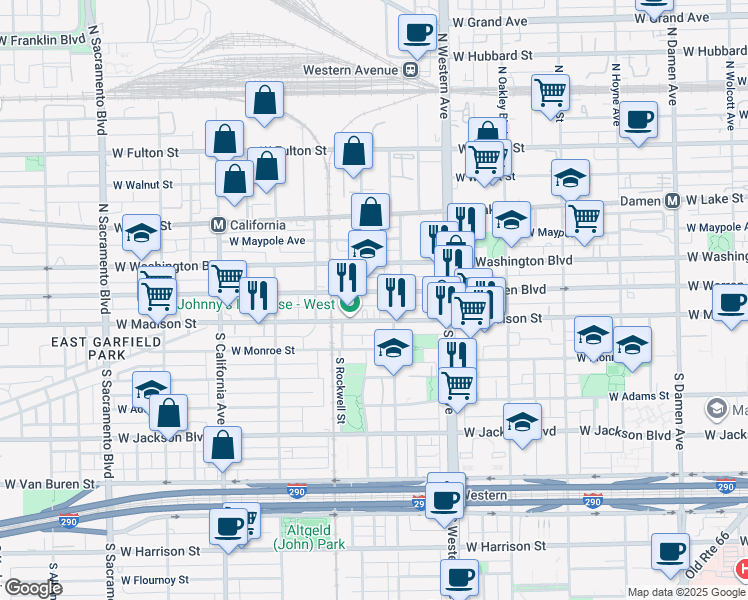 map of restaurants, bars, coffee shops, grocery stores, and more near 2546 West Madison Street in Chicago