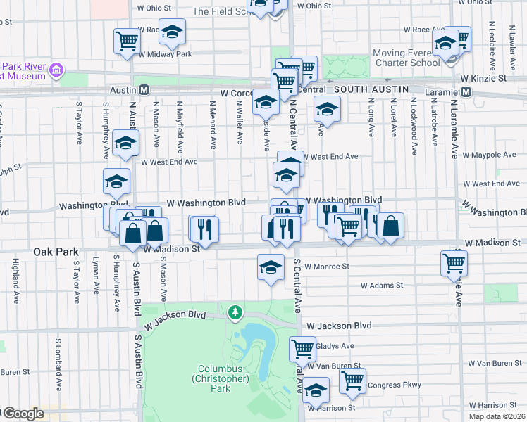 map of restaurants, bars, coffee shops, grocery stores, and more near 44 North Parkside Avenue in Chicago