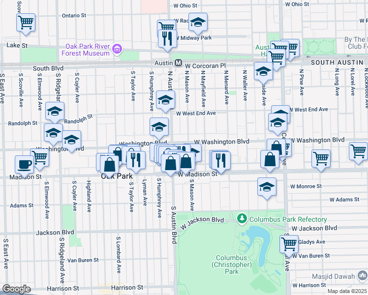 map of restaurants, bars, coffee shops, grocery stores, and more near 46 North Mason Avenue in Chicago