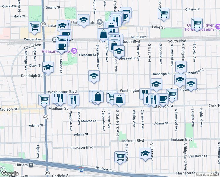 map of restaurants, bars, coffee shops, grocery stores, and more near in Oak Park