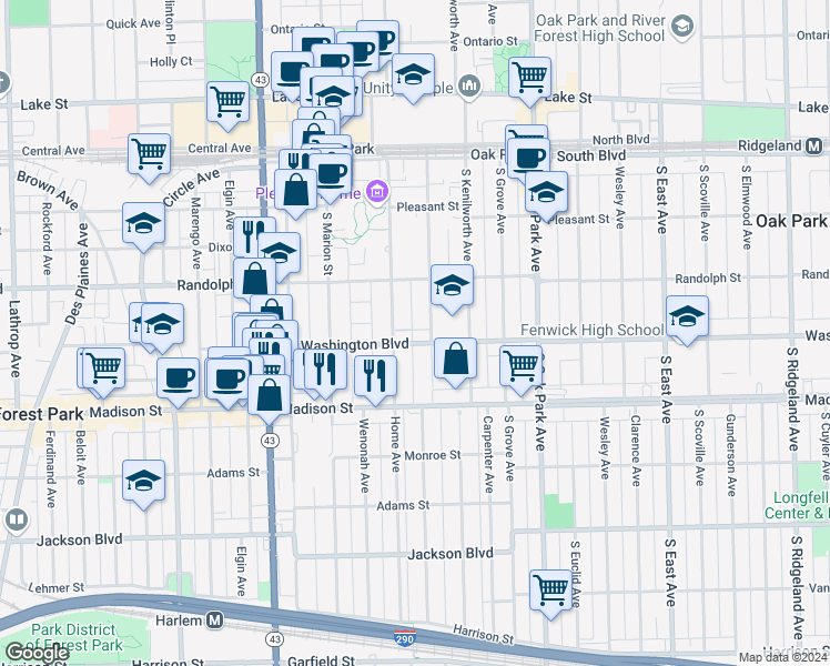 map of restaurants, bars, coffee shops, grocery stores, and more near 400 Home Avenue in Oak Park