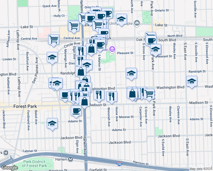 map of restaurants, bars, coffee shops, grocery stores, and more near 1020 Washington Boulevard in Oak Park