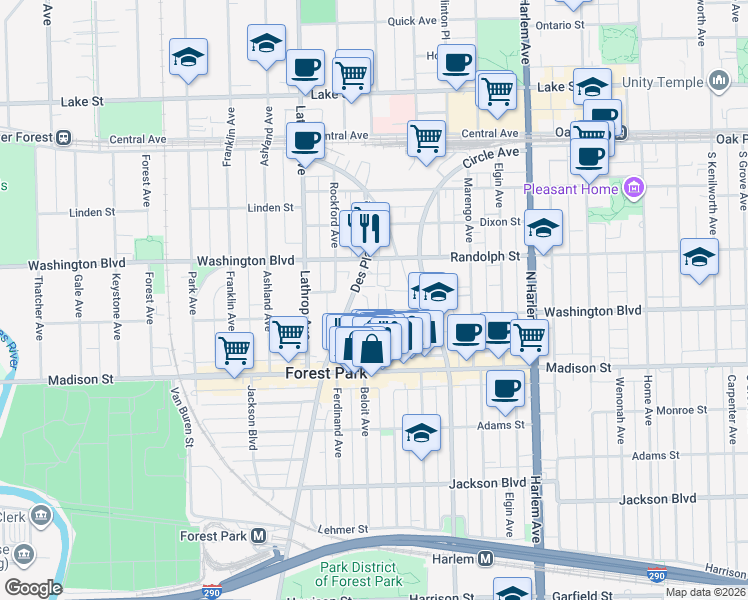 map of restaurants, bars, coffee shops, grocery stores, and more near 7449 Washington Street in Forest Park