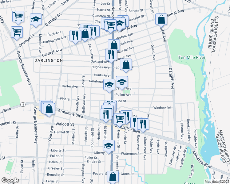 map of restaurants, bars, coffee shops, grocery stores, and more near 973 Newport Avenue in Pawtucket
