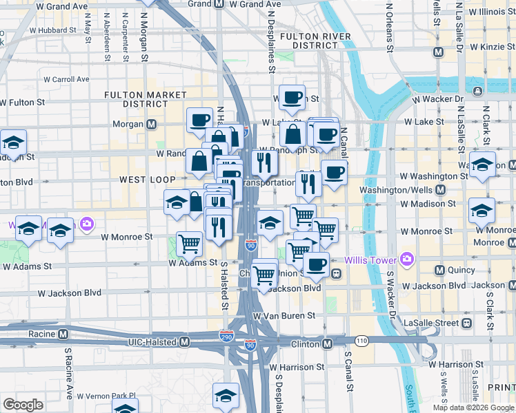 map of restaurants, bars, coffee shops, grocery stores, and more near 664 West Madison Street in Chicago