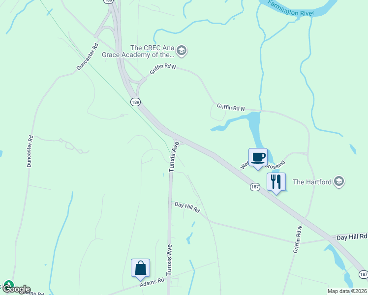 map of restaurants, bars, coffee shops, grocery stores, and more near 1995 Blue Hills Avenue Extension in Windsor