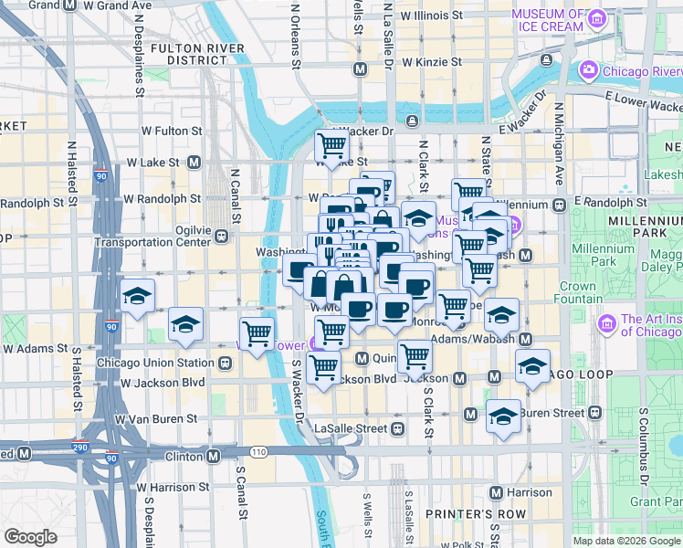 map of restaurants, bars, coffee shops, grocery stores, and more near 229 West Madison Street in Chicago