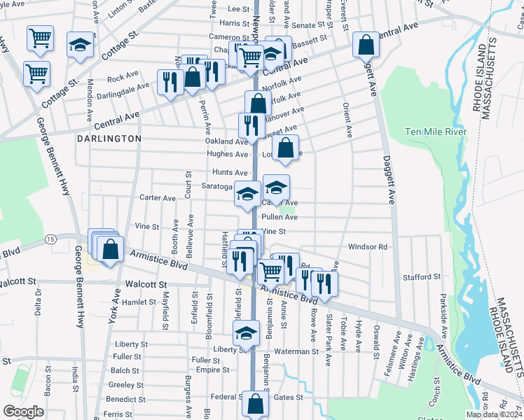 map of restaurants, bars, coffee shops, grocery stores, and more near 973 Newport Avenue in Pawtucket