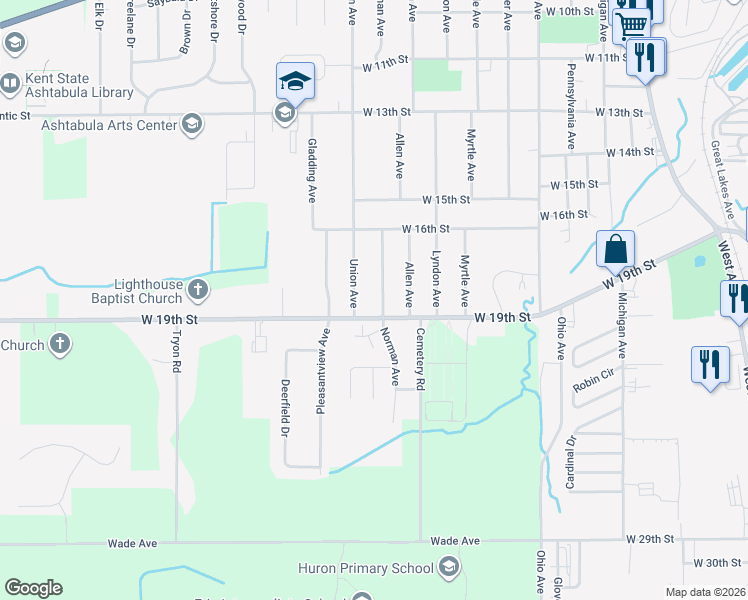 map of restaurants, bars, coffee shops, grocery stores, and more near 2419 West 19th Street in Ashtabula
