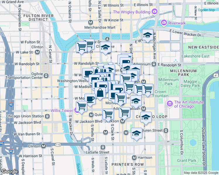 map of restaurants, bars, coffee shops, grocery stores, and more near 100 West Monroe Street in Chicago