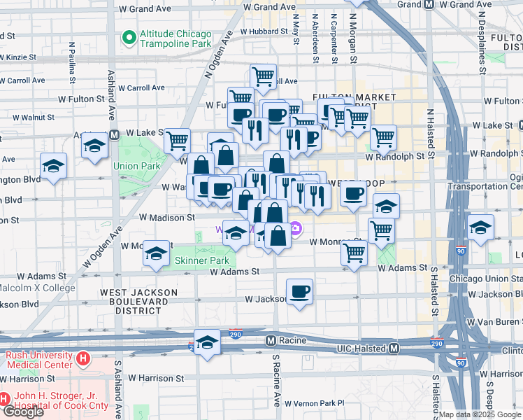 map of restaurants, bars, coffee shops, grocery stores, and more near 1222 West Madison Street in Chicago