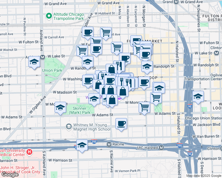map of restaurants, bars, coffee shops, grocery stores, and more near 1164 West Madison Street in Chicago