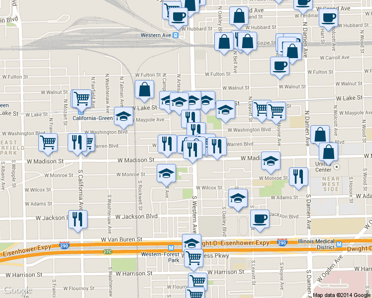 map of restaurants, bars, coffee shops, grocery stores, and more near 2417 West Warren Boulevard in Chicago
