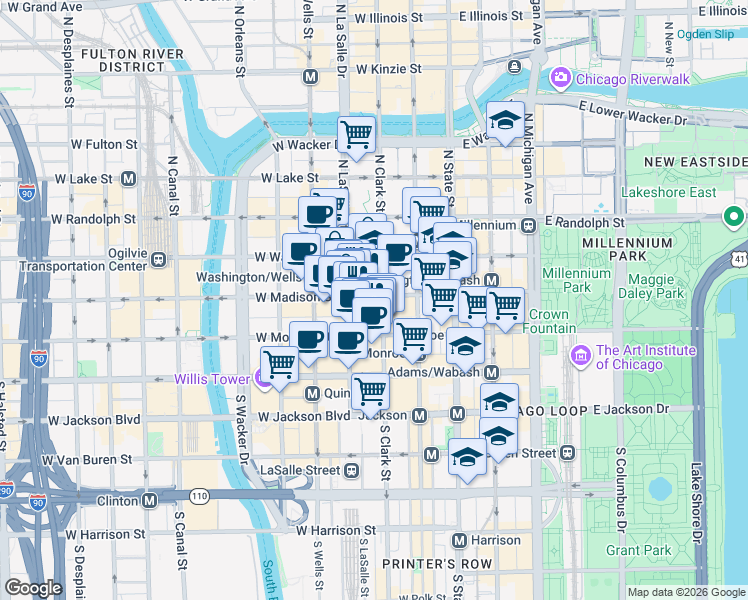 map of restaurants, bars, coffee shops, grocery stores, and more near 105 West Madison Street in Chicago