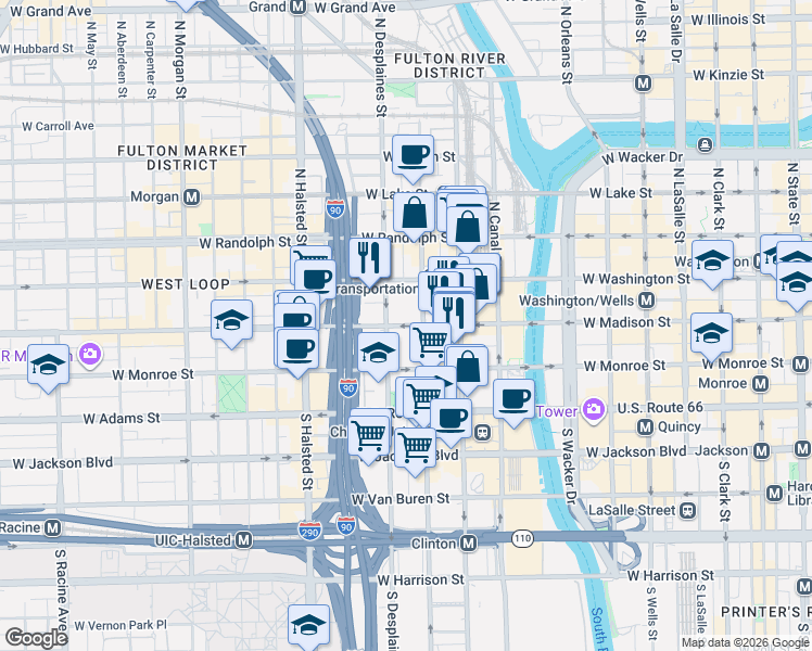 map of restaurants, bars, coffee shops, grocery stores, and more near 625 West Madison Street in Chicago