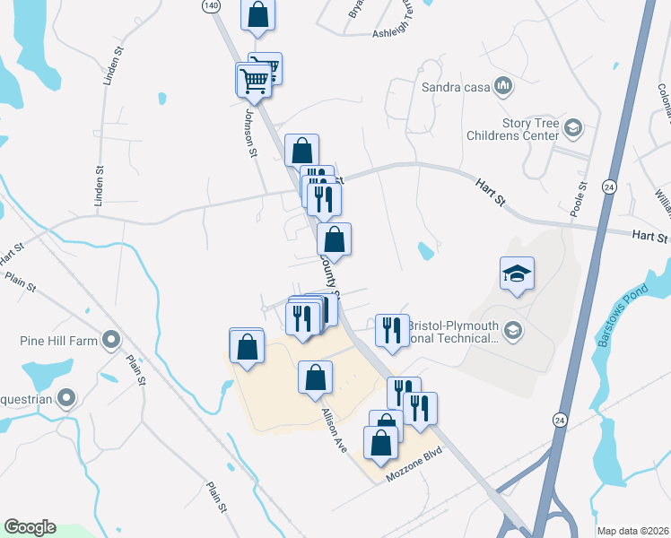 map of restaurants, bars, coffee shops, grocery stores, and more near 772 County Street in Taunton