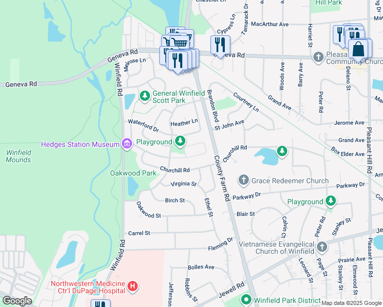 map of restaurants, bars, coffee shops, grocery stores, and more near 27W157 Chartwell Drive in Winfield