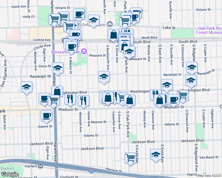 map of restaurants, bars, coffee shops, grocery stores, and more near 350 South Kenilworth Avenue in Oak Park