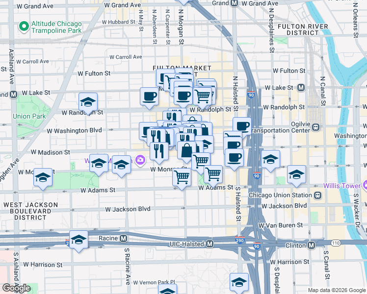 map of restaurants, bars, coffee shops, grocery stores, and more near 8 North Morgan Street in Chicago